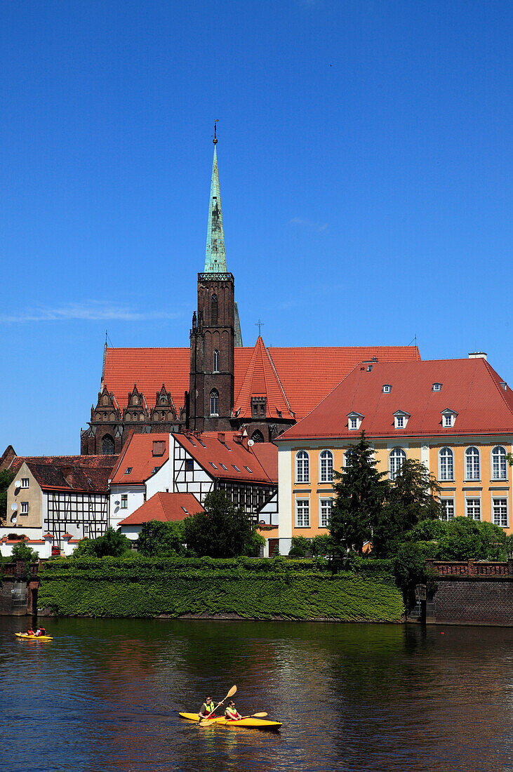 Poland, Wroclaw, Church of SS Peter and Paul, Odra River, boats