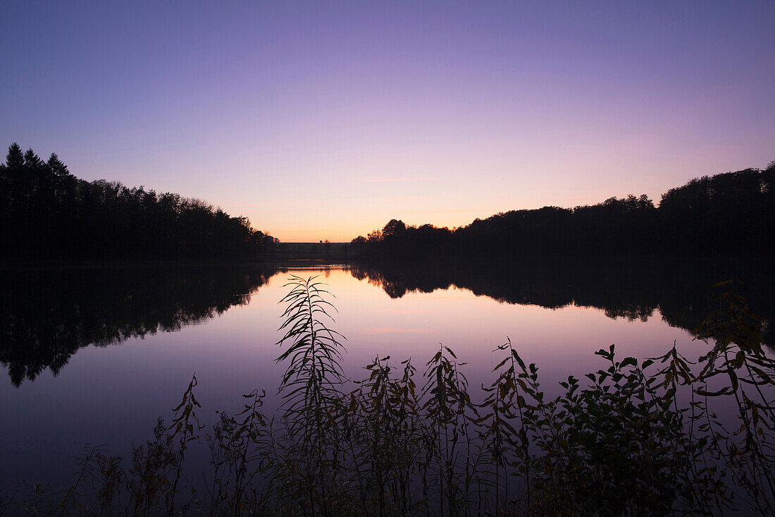 Holzmaar at Gillenfeld at sunset, near Daun, Eifel, Rhineland-Palatinate, Germany, Europe