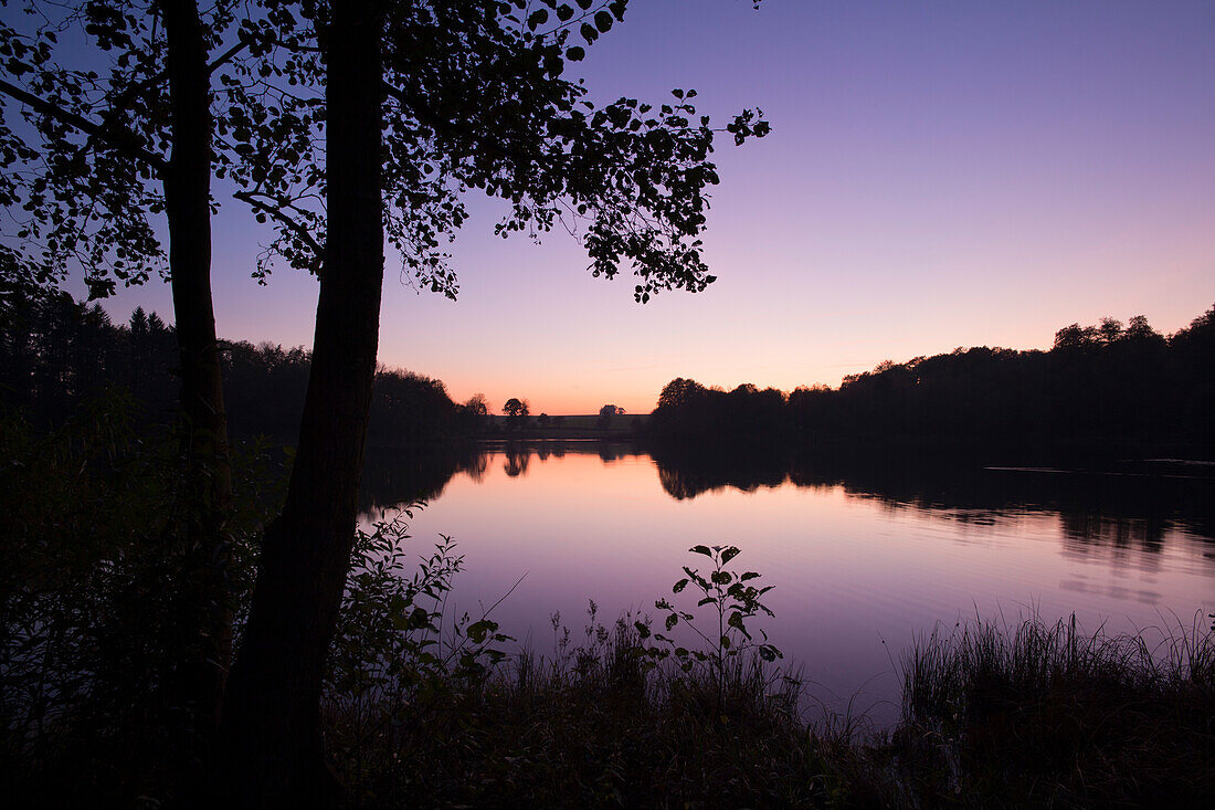 Holzmaar bei Gillenfeld bei Sonnenuntergang, Nähe Daun, Eifel, Rheinland-Pfalz, Deutschland, Europa