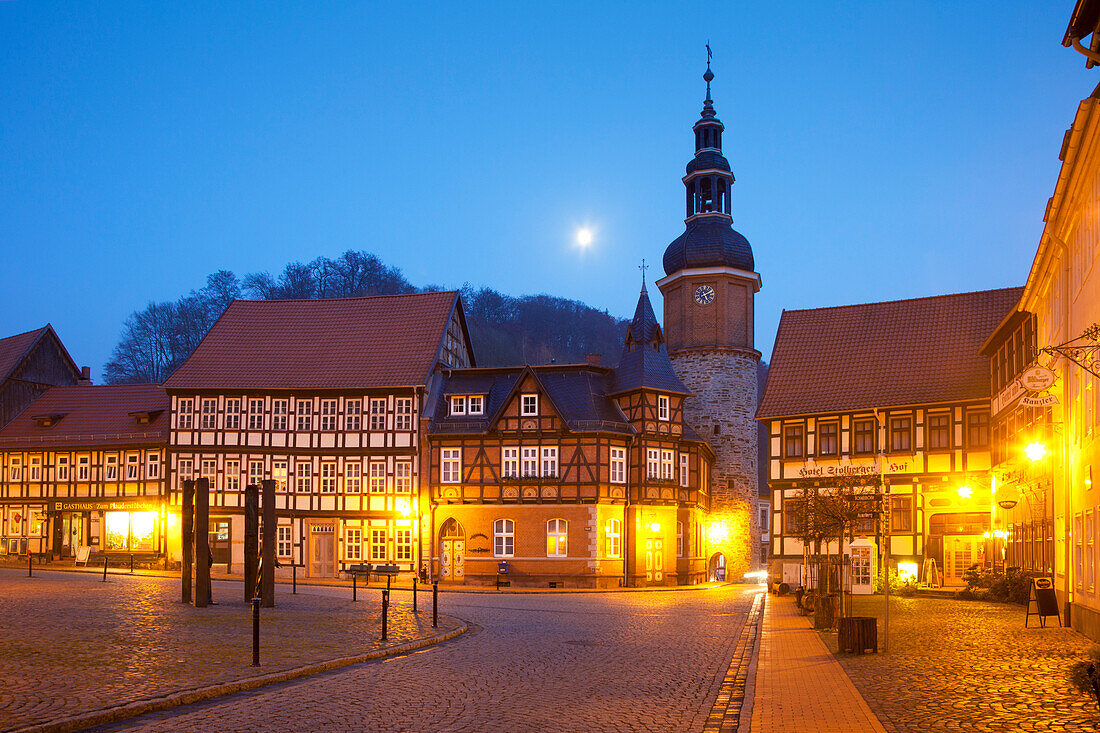 Old town alley leading to the market place at night, Saiger tower, Stolberg, Harz mountains, Saxony-Anhalt, Germany, Europe