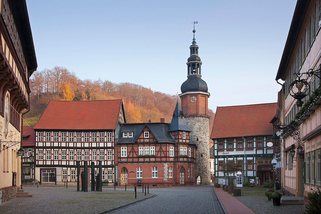 View of alley at the old town leading to market place and Saiger tower, Stolberg, Harz mountains, Saxony-Anhalt, Germany, Europe