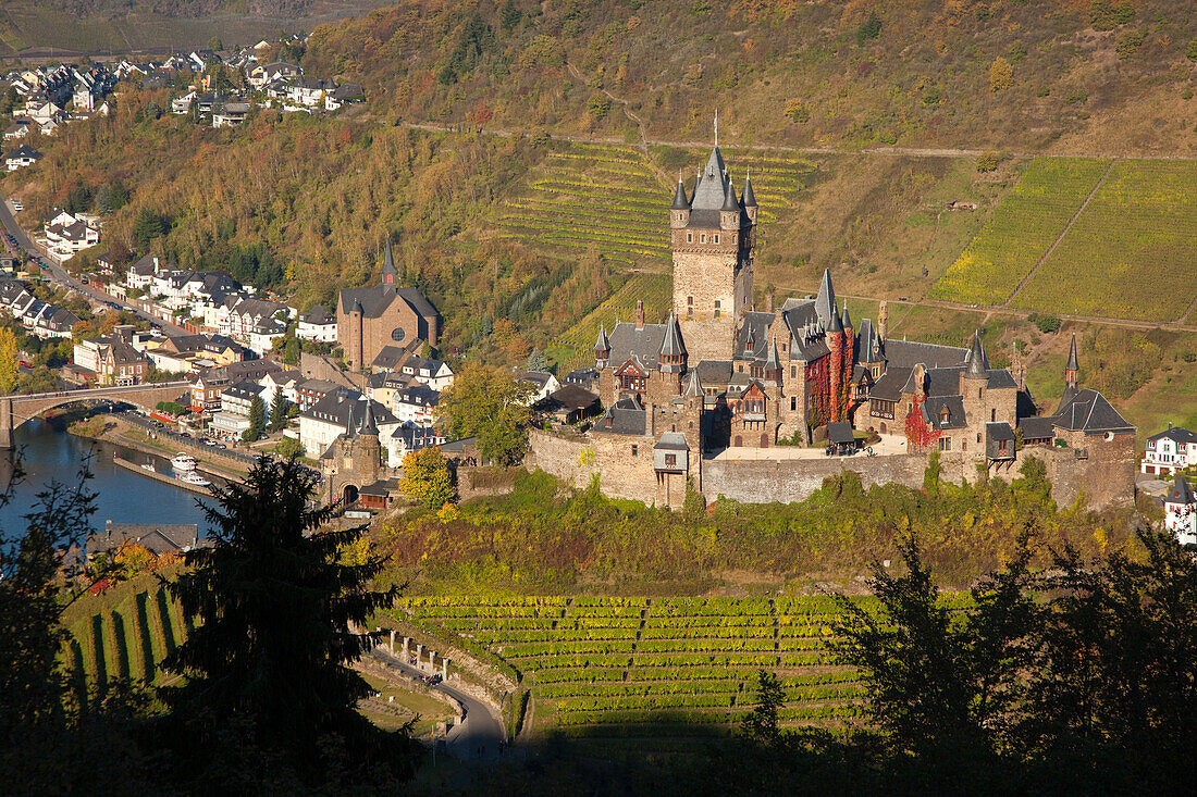 Blick auf die Reichsburg im Sonnenlicht, Cochem, Mosel, Rheinland-Pfalz, Deutschland, Europa