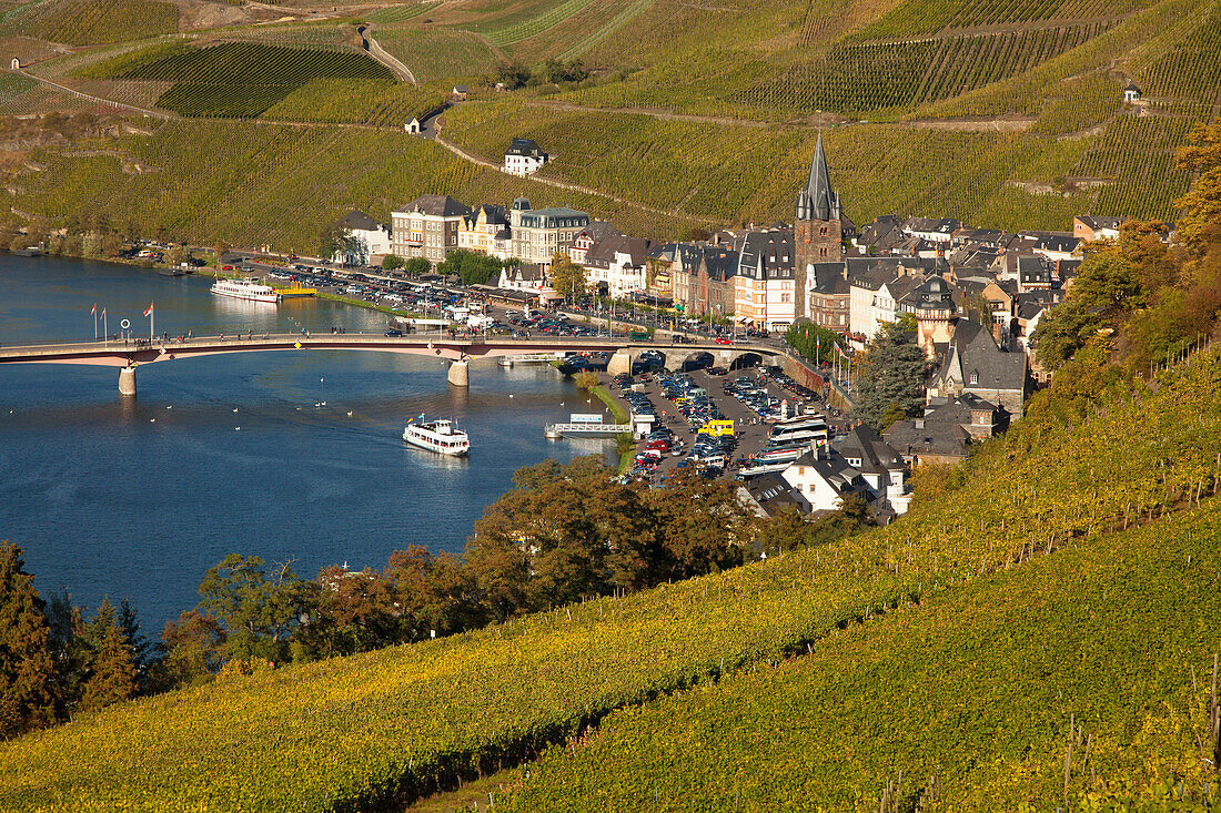 View from the vineyards to Bernkastel, Bernkastel-Kues at Moselle river, Rhineland-Palatinate, Germany, Europe