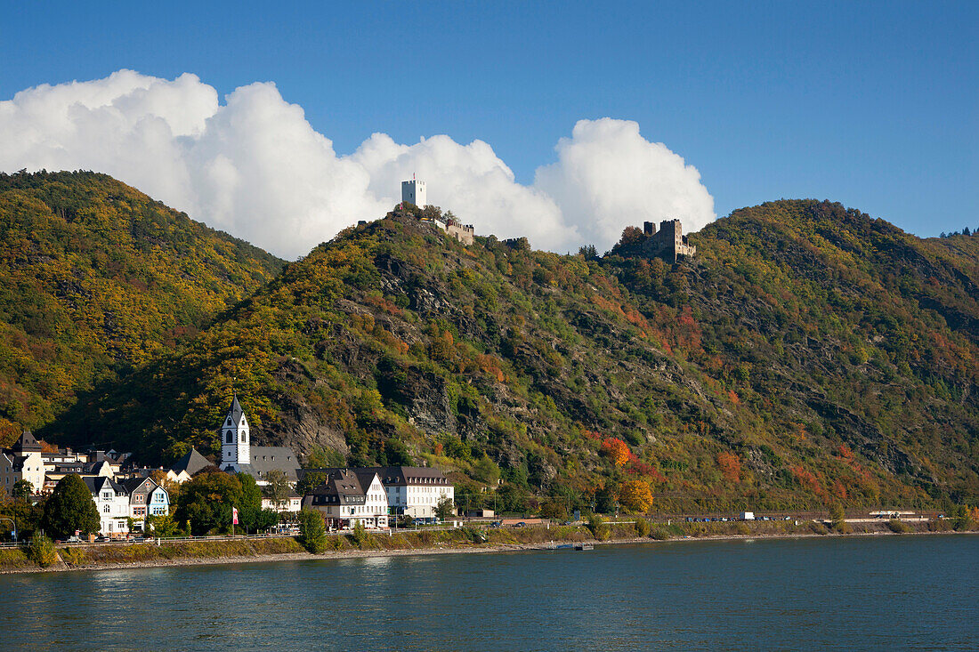 Sterrenberg castle and Liebenstein castle on a ridge, Kamp-Bornhofen at Rhine river, Rhineland-Palatinate, Germany, Europe