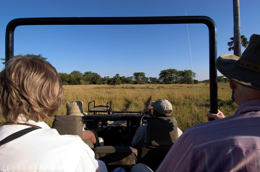 Tourists in 4x4 on safari in Liwonde National Park, Malawi