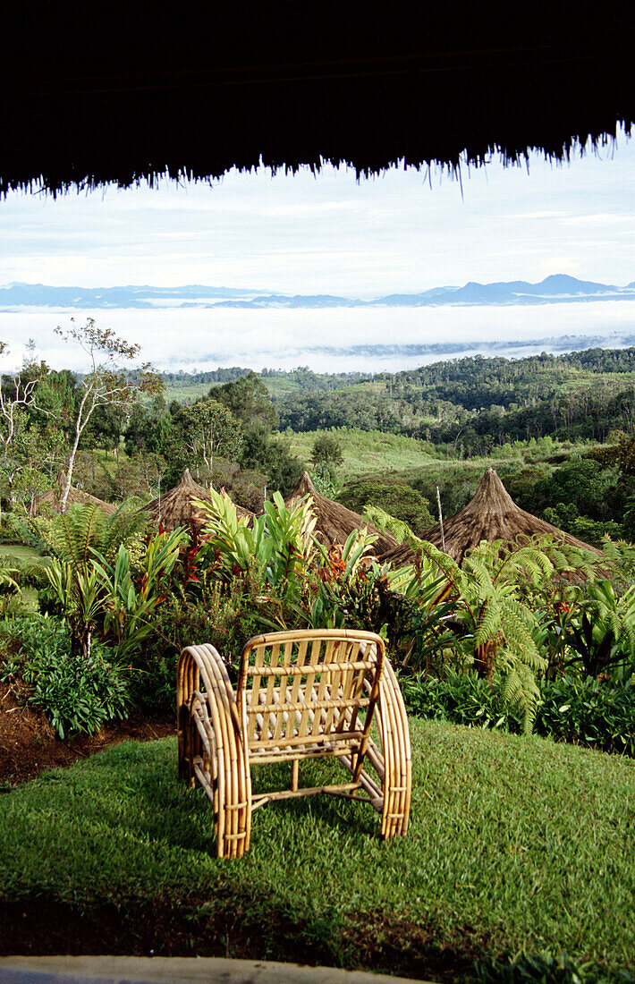 View of empty chair overlooking Southern Highlands, Southern Highlands, Papua New Guinea