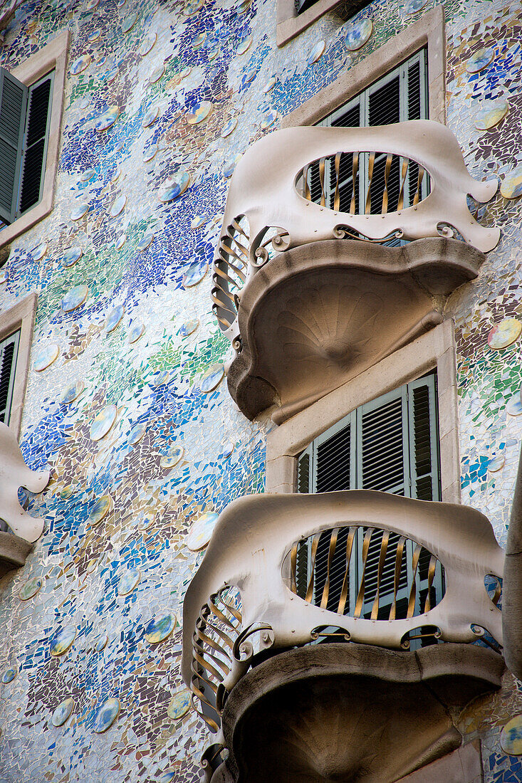 Detail of Casa Batllo in Paseo de Gracia Avenue, Barcelona, Catalonia, Spain