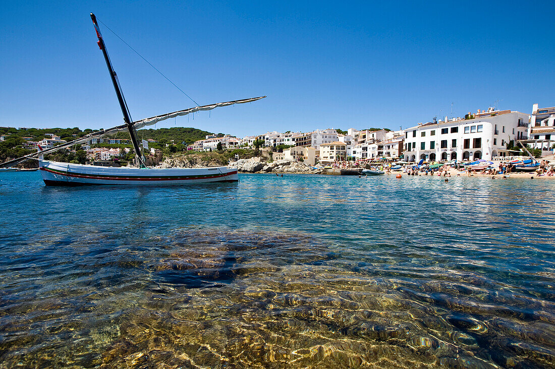 Boat in sea near Calella fishing village, Costa Brava, Catalunya, Spain