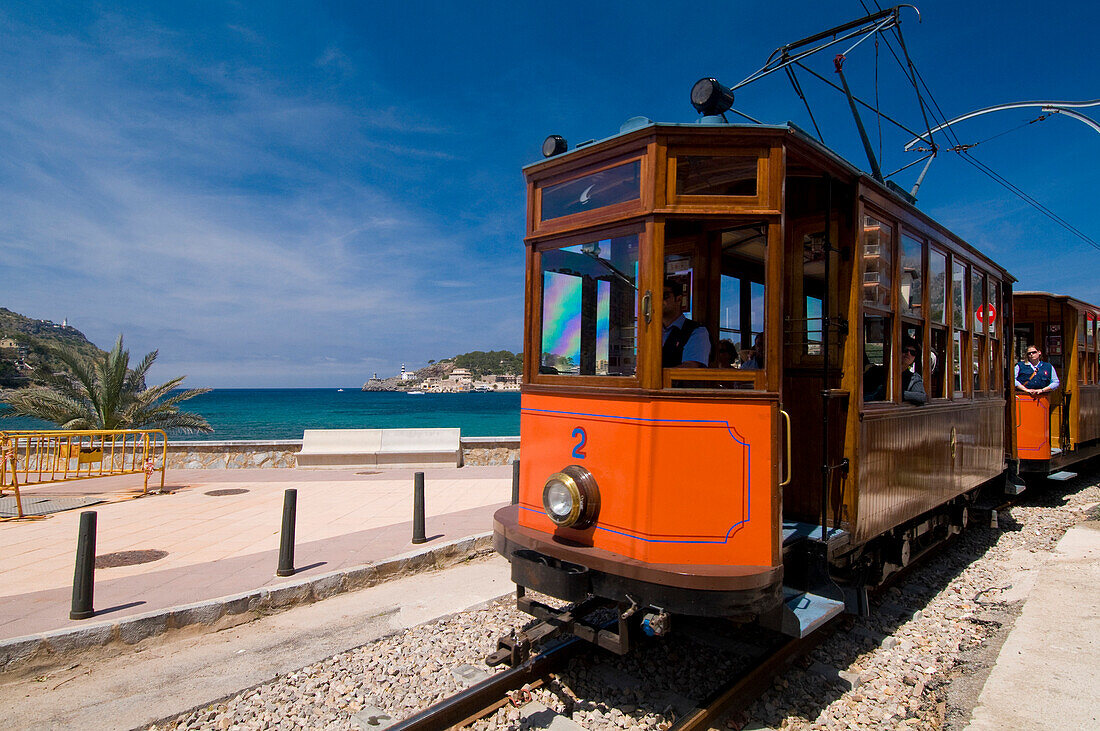 Old tram running between Soller and Puerto de Soller, Majorca, Ballearic Islands, Spain