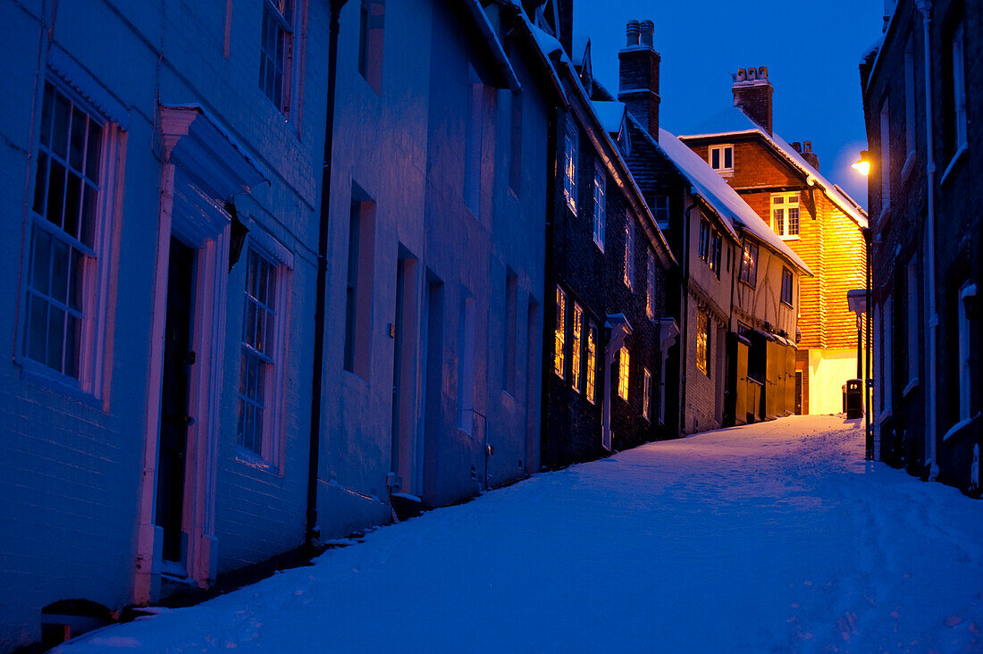 Keere Street in winter before dawn, Lewes, Sussex, England, UK