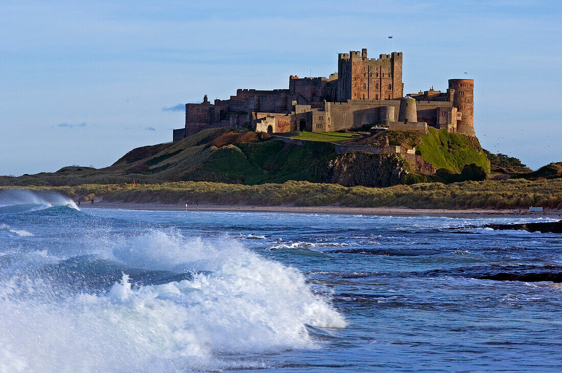 Distant view of Bamburgh Castle, Northumberland, England, UK