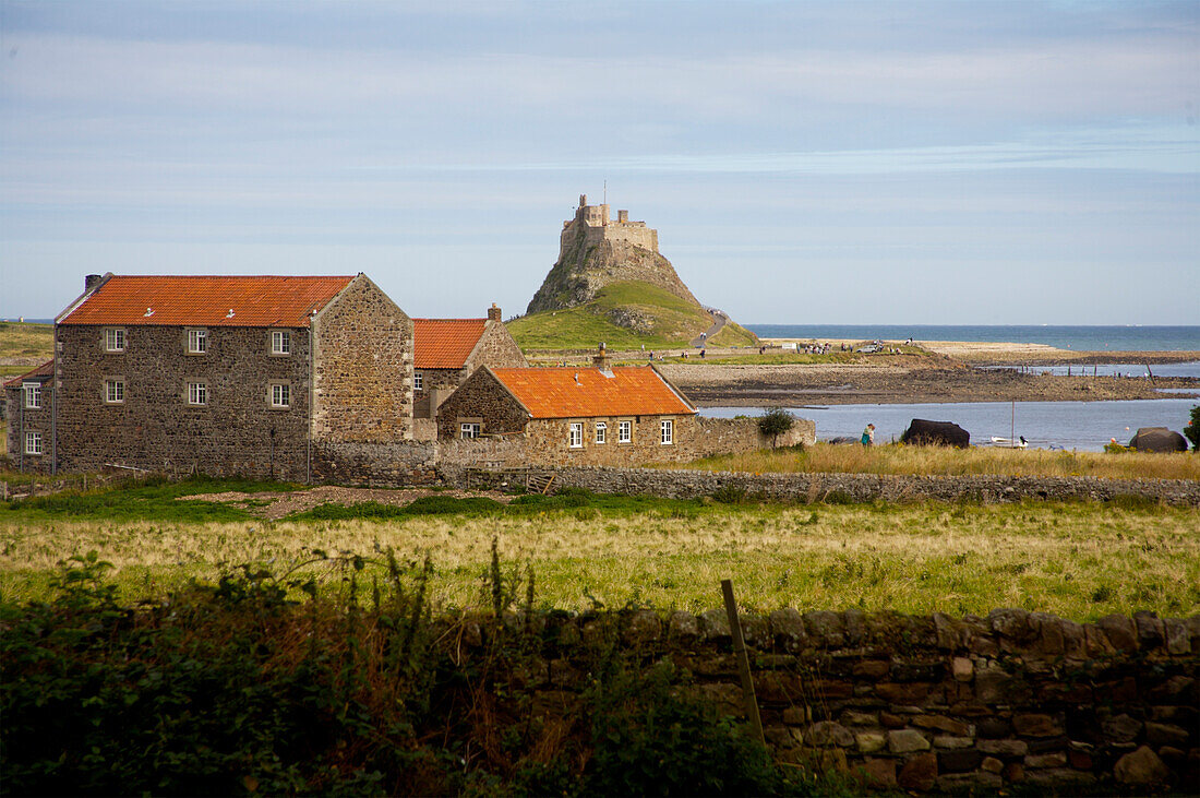 Distant view of Lindisfarne castle, Lindisfarne, England, UK