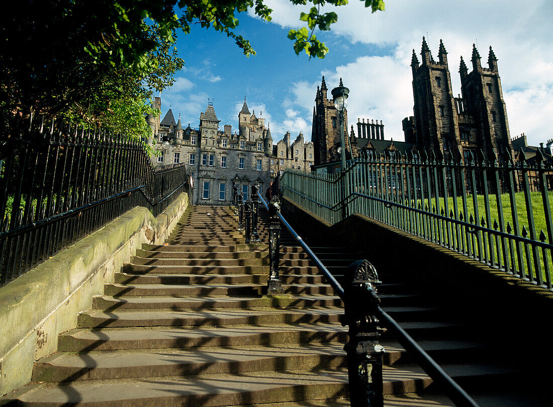 Steps leading up to old building, Low Angle View, Edinburgh, Scotland, UK