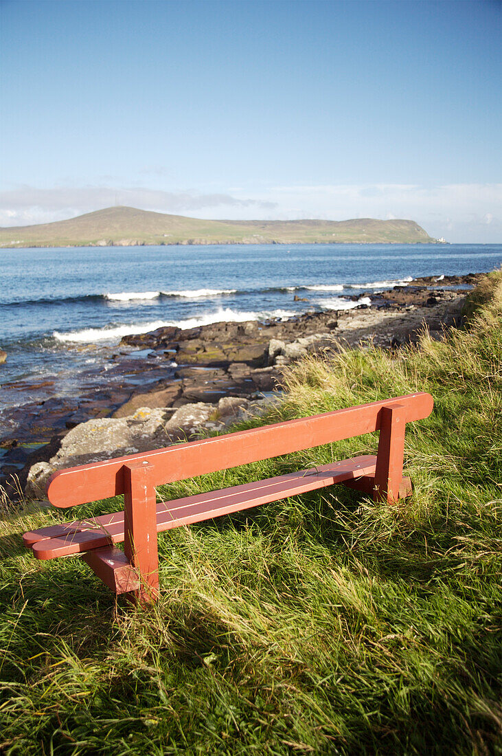 Empty bench by the sea, Shetland Islands, Scotland