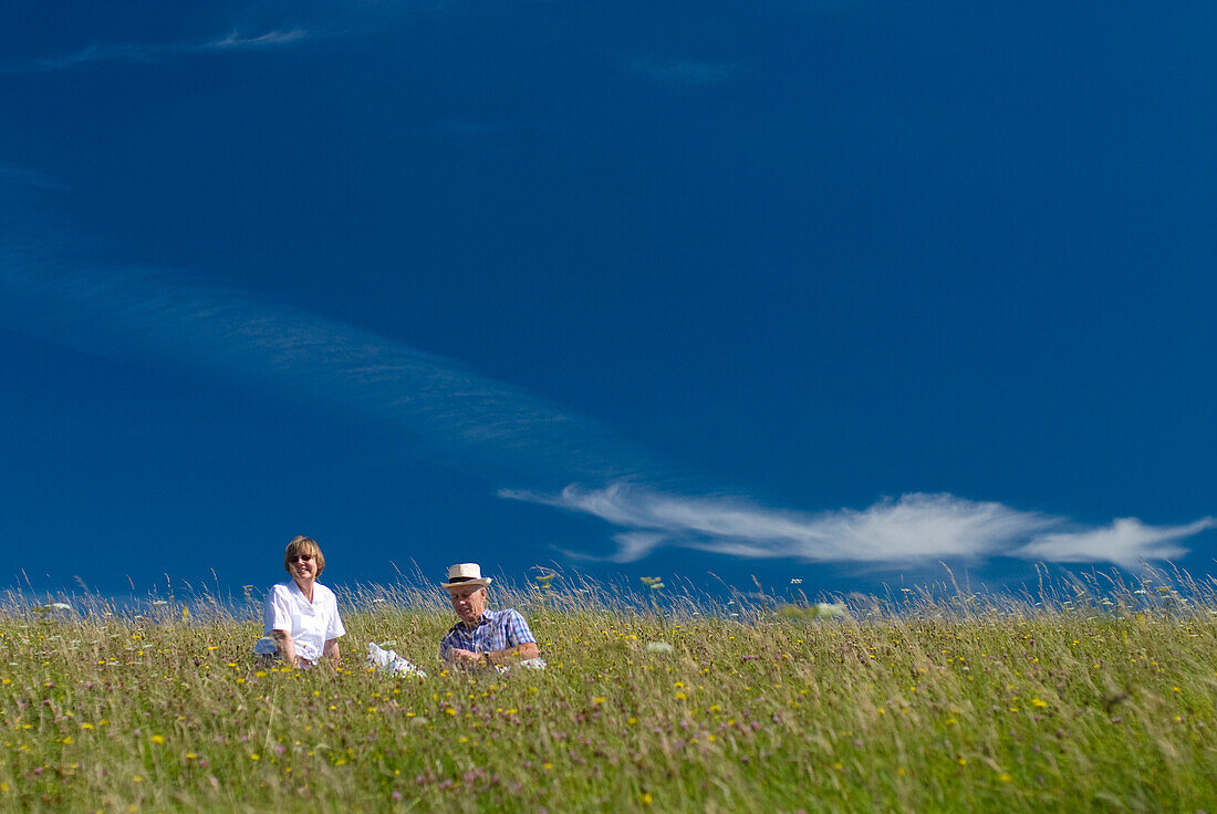 Couple sitting having picnic in meadow, West Sussex, England