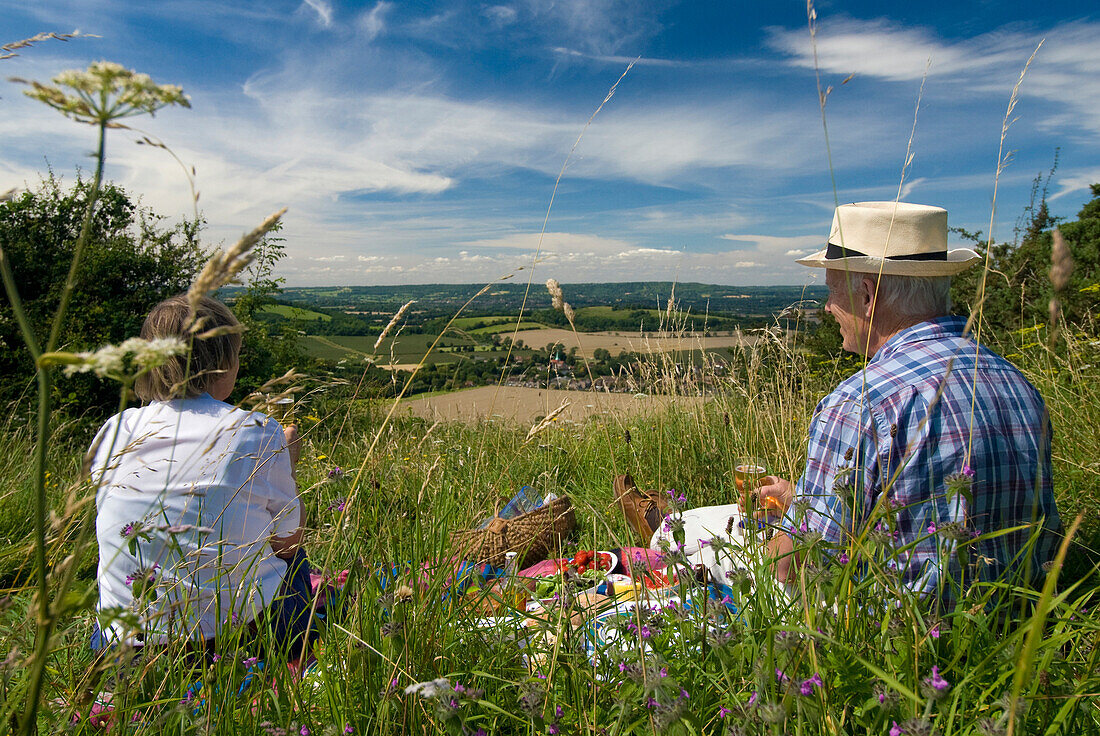 Couple having picnic in meadow on the South Downs as seen through wildflowers, West Sussex, England