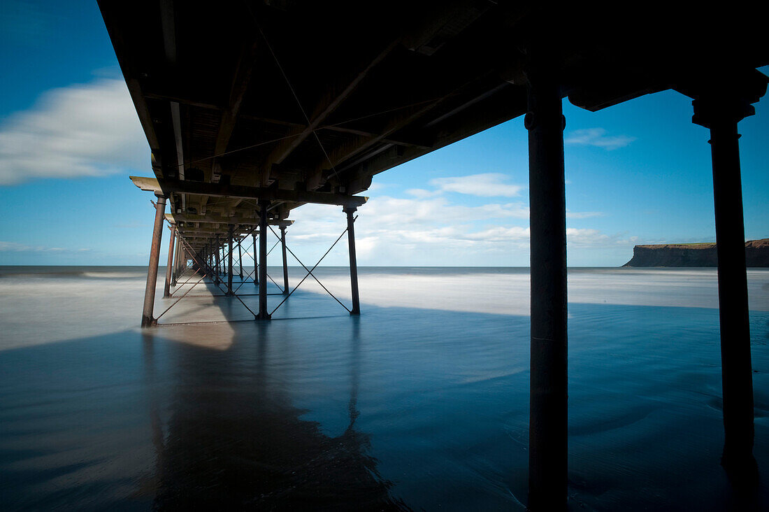 View from below pier at Saltburn-by-the-Sea, Redcar and Cleveland, England, UK