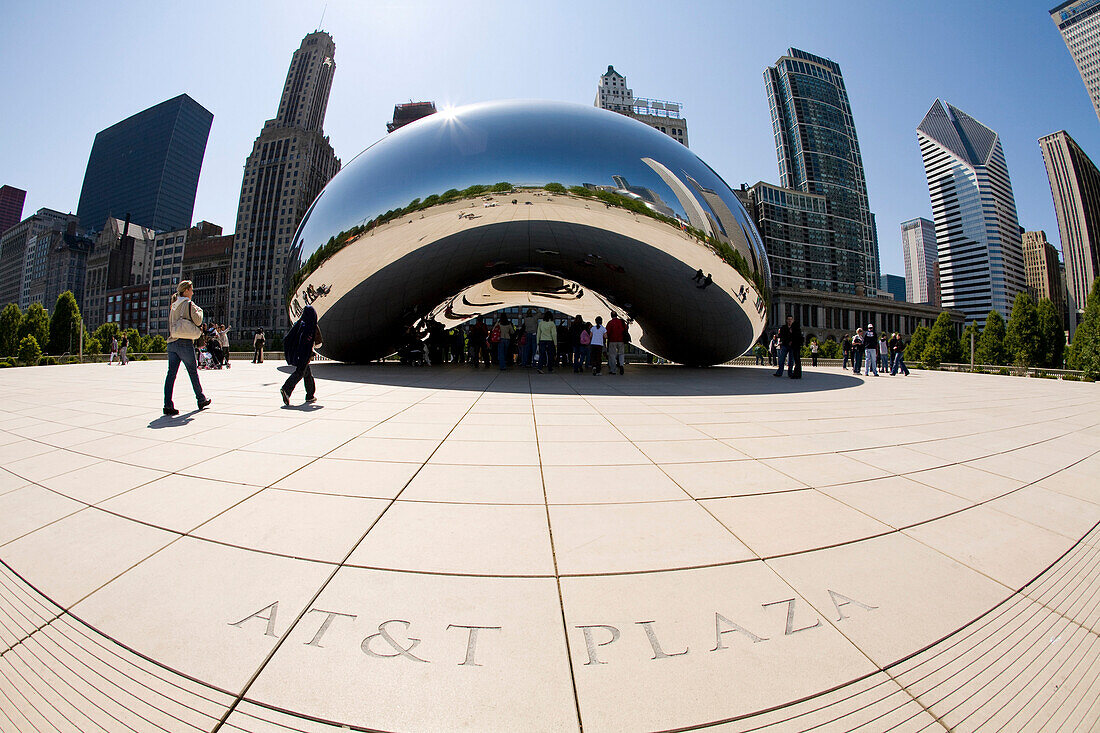 Cloud Gate sculpture, cityscape in background, Chicago, Illinois, USA
