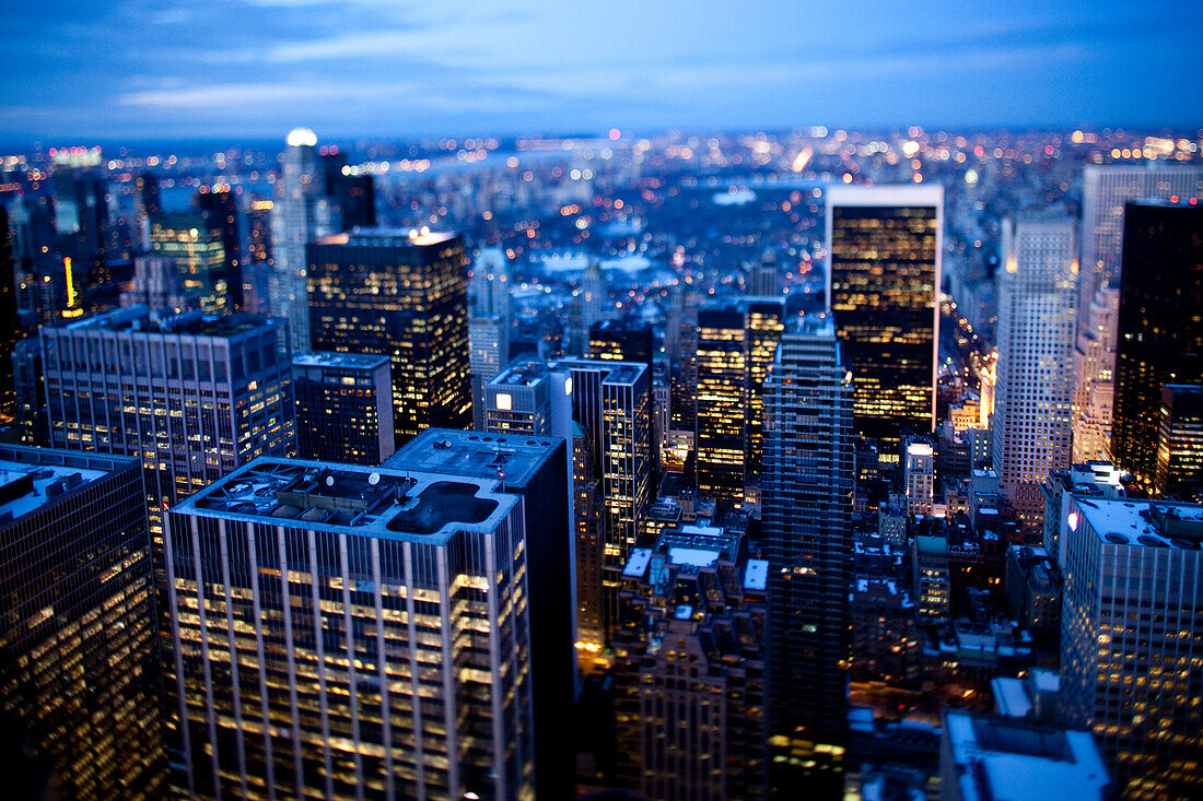 Tilt shift evening image of Manhattan from the top of the Rockefeller centre, Rockefeller centre, New York. USA.