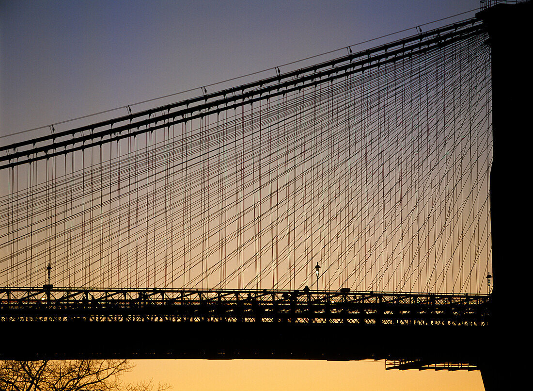 Detail of the Brooklyn Bridge at dusk, Close Up, New York, USA