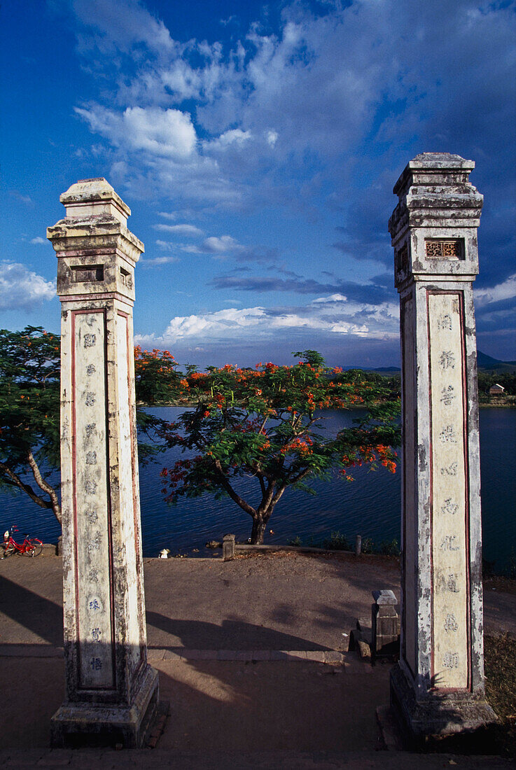 Free standing pillars at Thien Mu Pagoda, Hue, Vietnam