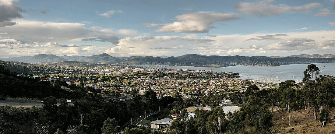 Panoramic view on Hobart and Derwent River, Tasmania, Australia