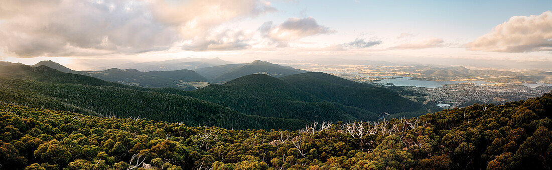 Panoramic view from Mt Wellington, wilderness and city, Derwent River, Hobart, Tasmania, Australia