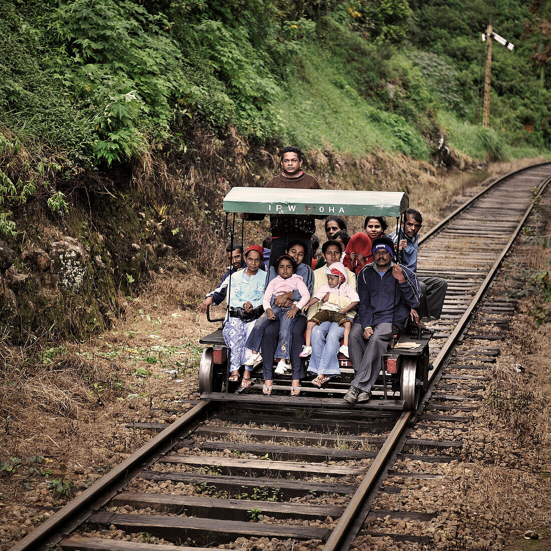 Creative rail travel by locals, self-help, Haputale, Hill Country, Sri Lanka