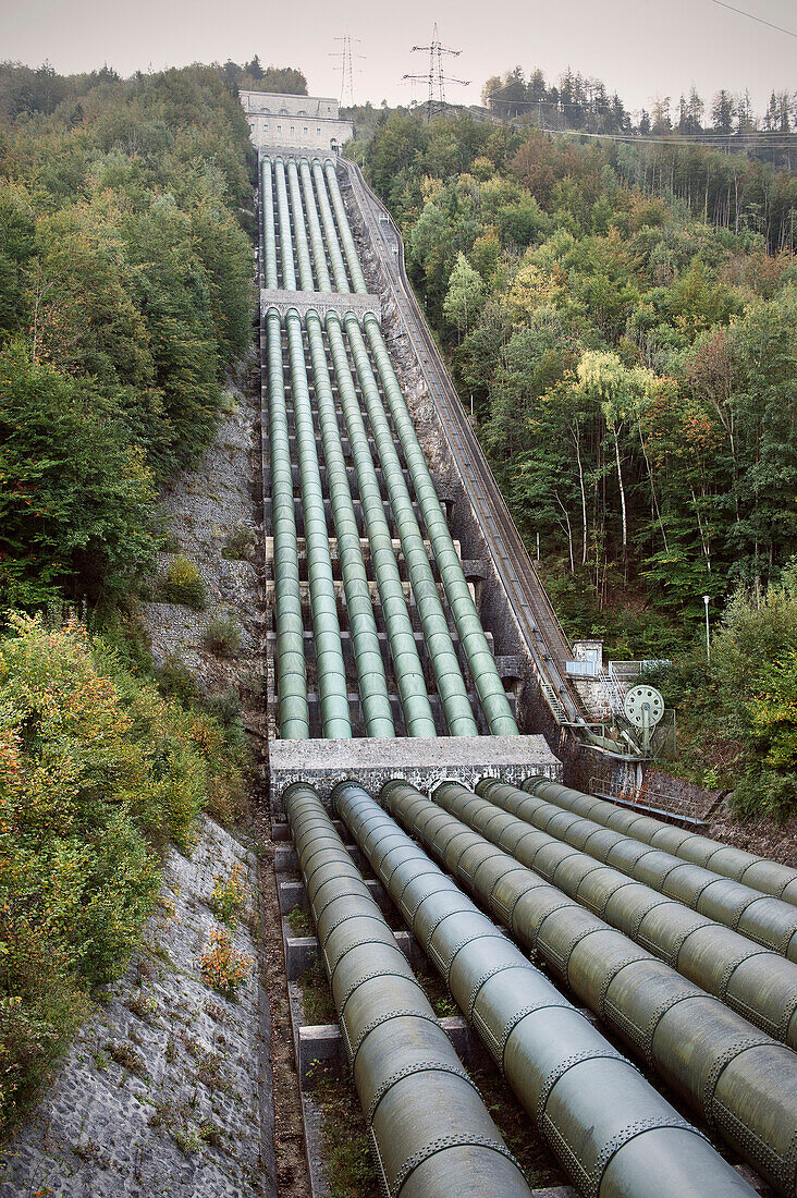 Pipes from the hydroelectric power station at Lake Walchensee, Kochel am See, Bad Toelz, Bavaria, Germany