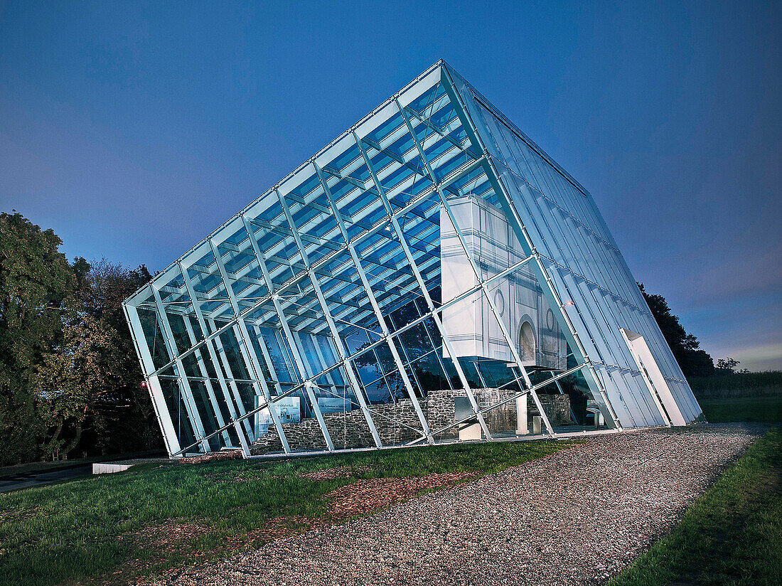 Protective glass architecture covering Limestor Dalkingen, Limes fort, Aalen, Baden-Wuerttemberg, Germany