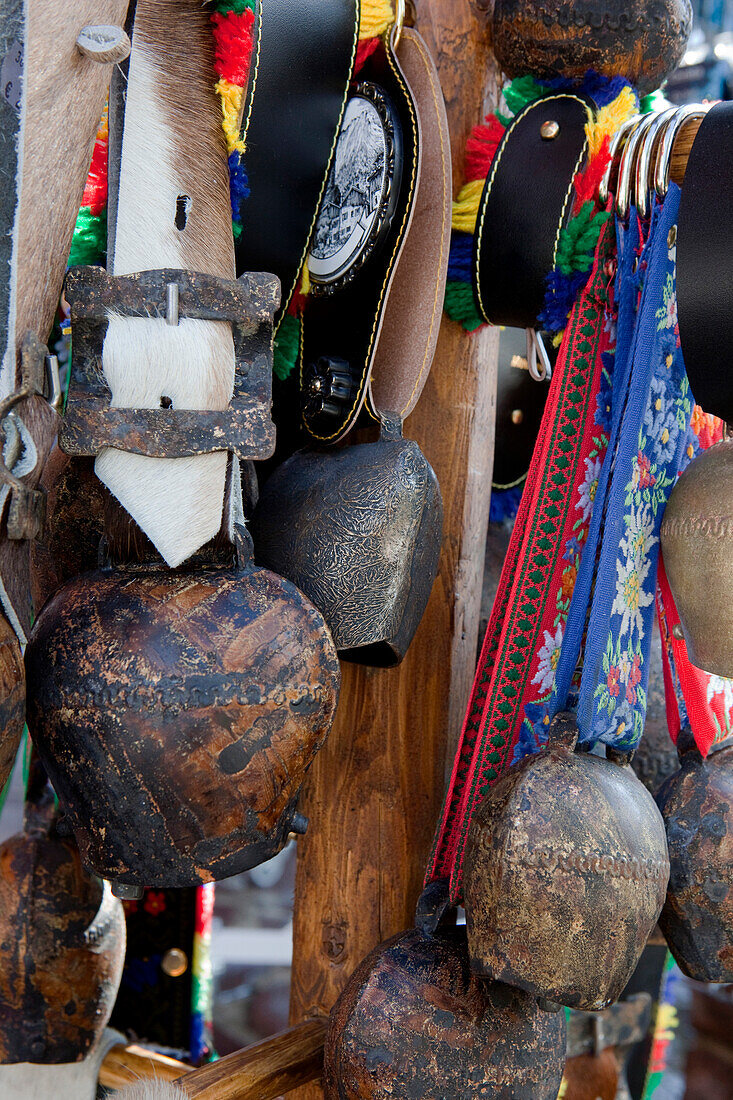 Traditional cow bells at a souvenir shop, Mittenwald, Bavaria, Germany