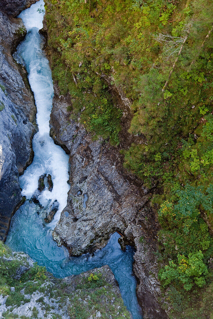 Aeriel view from a bridge down into Leutasch Gorge, Mittenwald, Bavaria, Germany