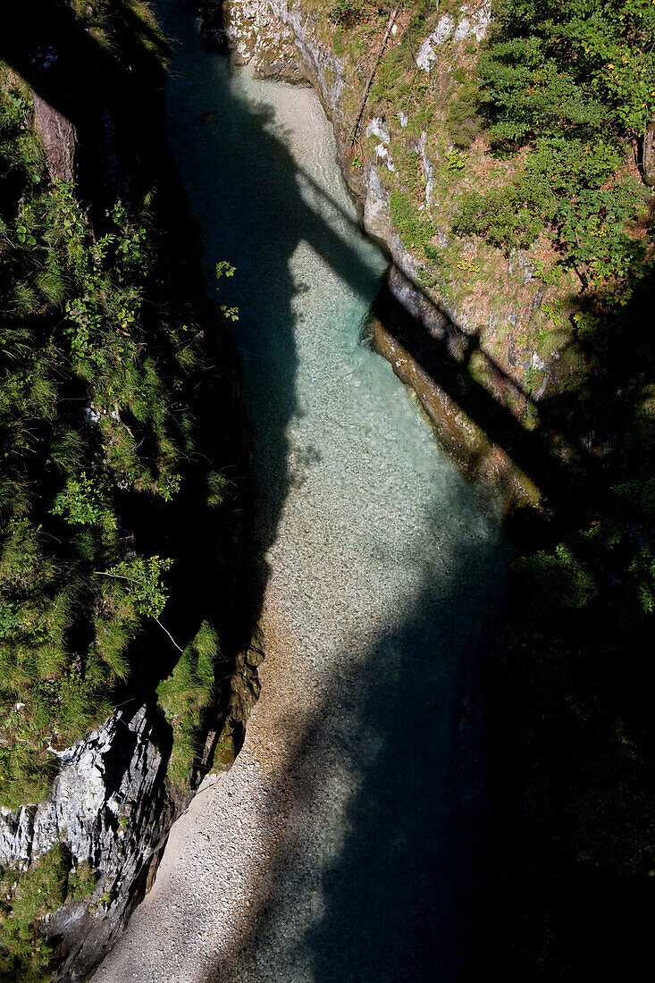Aeriel view from a bridge down into tjhe Leutasch Gorge, Mittenwald, Bavaria, Germany
