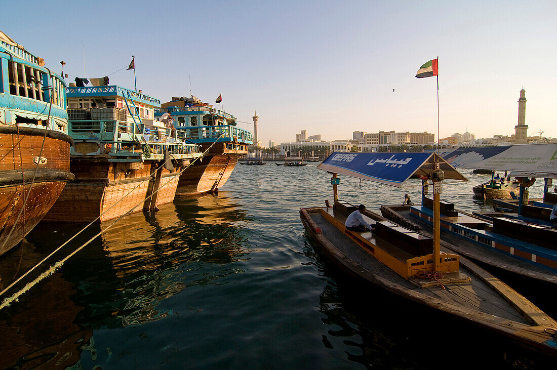 Traditional boats in the harbour, Dhow in Dubai Creek, Dubai, United Arab Emirates