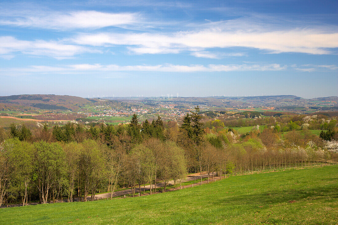 View from the Schaumberg at Freisener Hoehe with Selbach (left) and Neunkirchen, Saarland, Germany, Europe