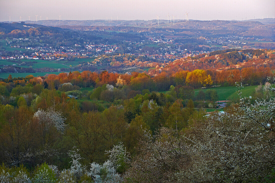 View from the Schaumberg at Freisener Hoehe with Selbach in the evening, windwheels on the horizon, Saar-Nahe-Bergland, Saarland, Germany, Europe