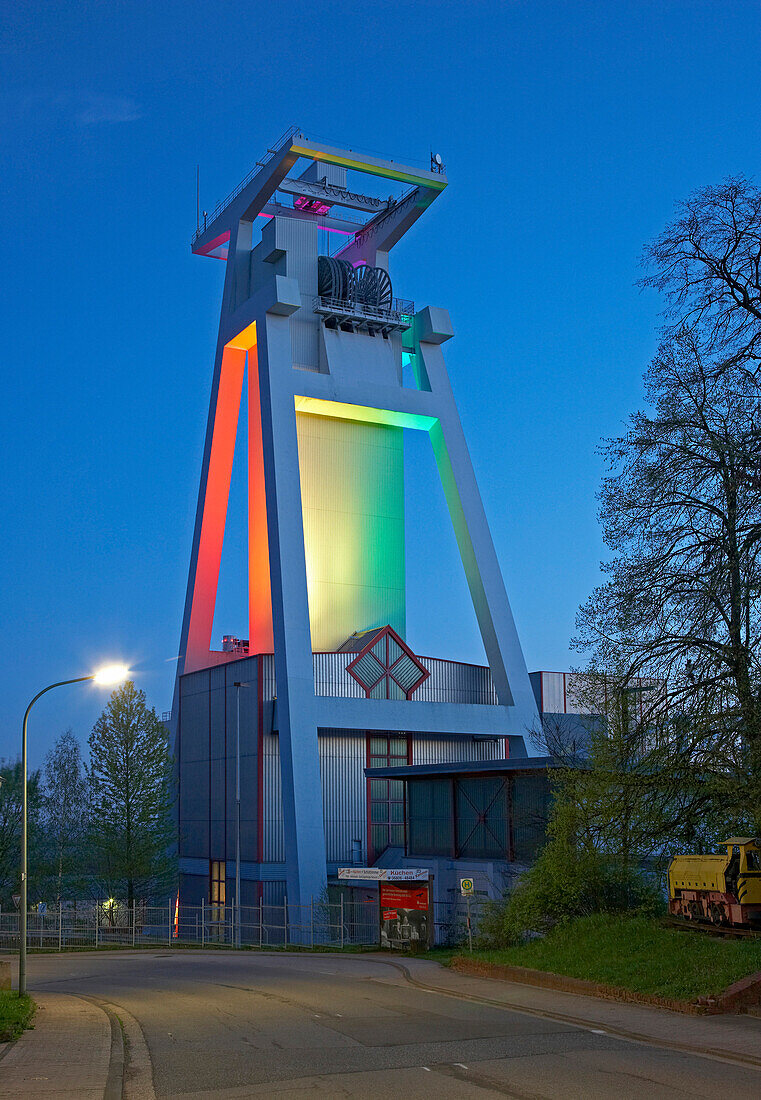 Light installation at the Shaft tower of former Goettelborn open-cast mine, Europe's tallest shaft-tower, Saarland, Germany, Europe