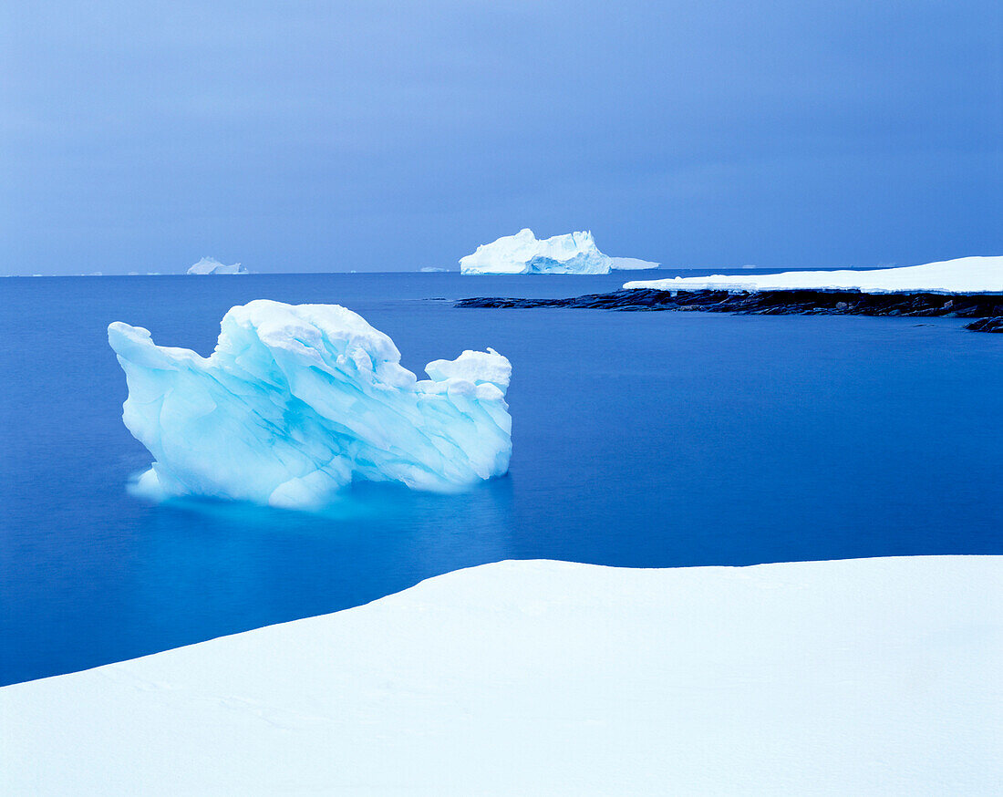 Floating icebergs in ocean and coastline, Qeqertarsuaq, Greenland