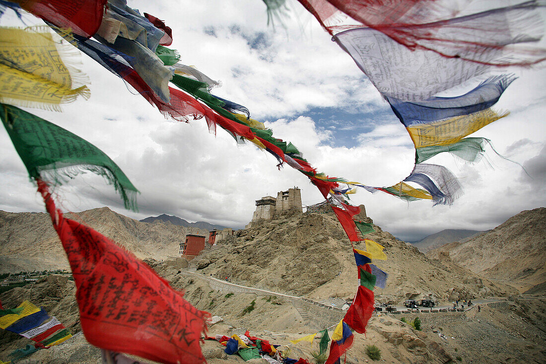 Royal castle at Leh with prayer flags, Leh Ladakh, India