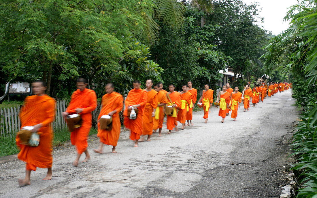 Monks walking in line collecting donations, Blurred Motion, Luang Prabang, Laos
