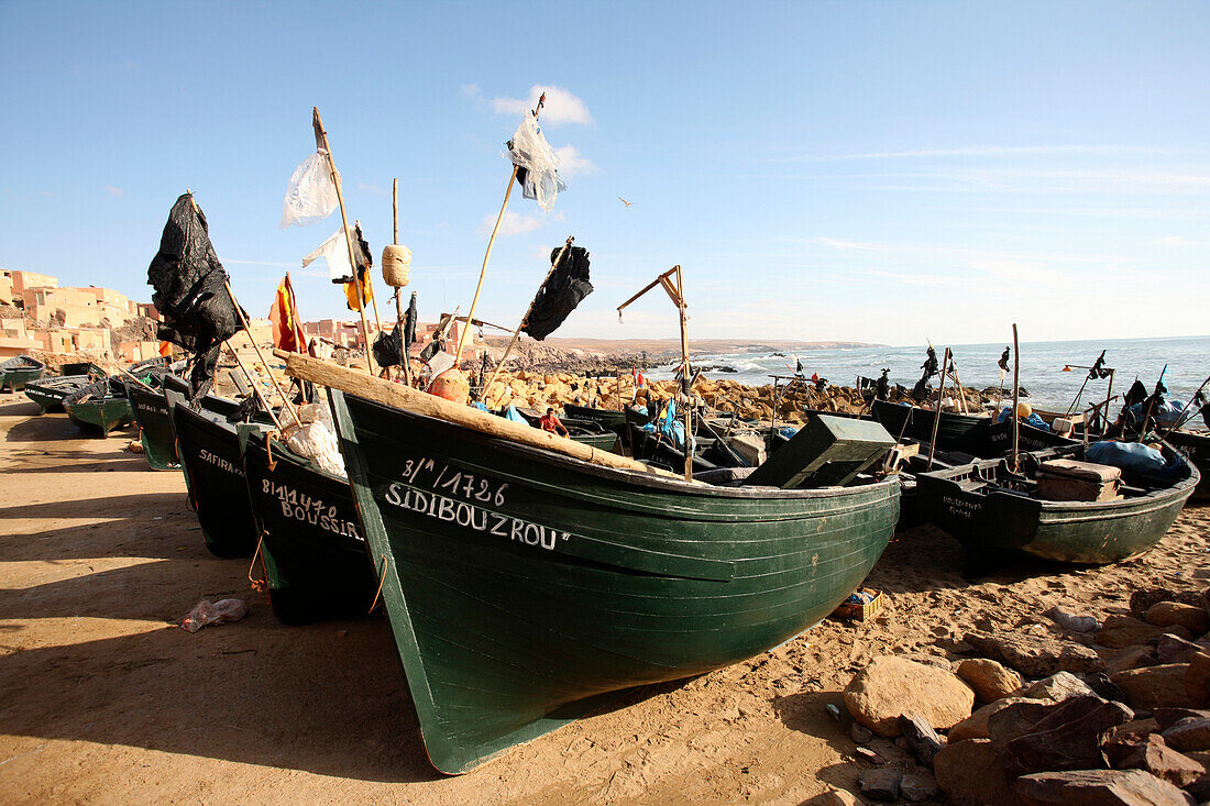 Fishing boats on beach, Mirleft, Morocco