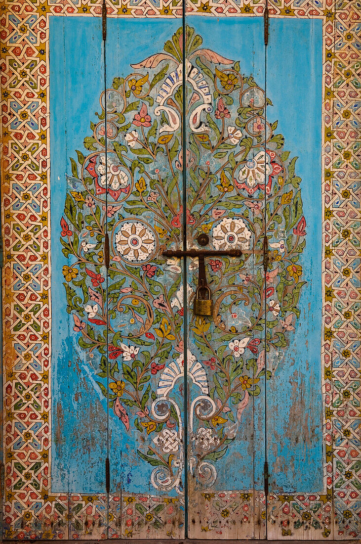 Decorative door. Andalusian Gardens. Kasbah des Oudaias, Rabat, Morocco