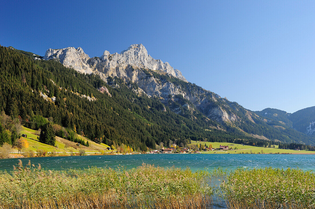 Lake Haldensee and village of Haldensee with Rote Flueh, lake Haldensee, Tannheimer range, Allgaeu range, Tyrol, Austria, Europe