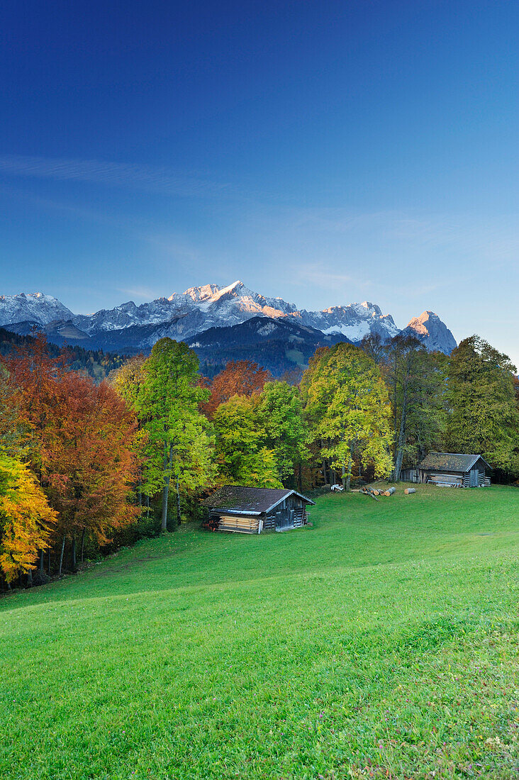 Wettersteinkamm mit Alpspitze, Zugspitze und Waxensteine, Wiese, Stadel und herbstlicher Wald im Vordergrund, Garmisch-Partenkirchen, Wettersteingebirge, Oberbayern, Bayern, Deutschland, Europa