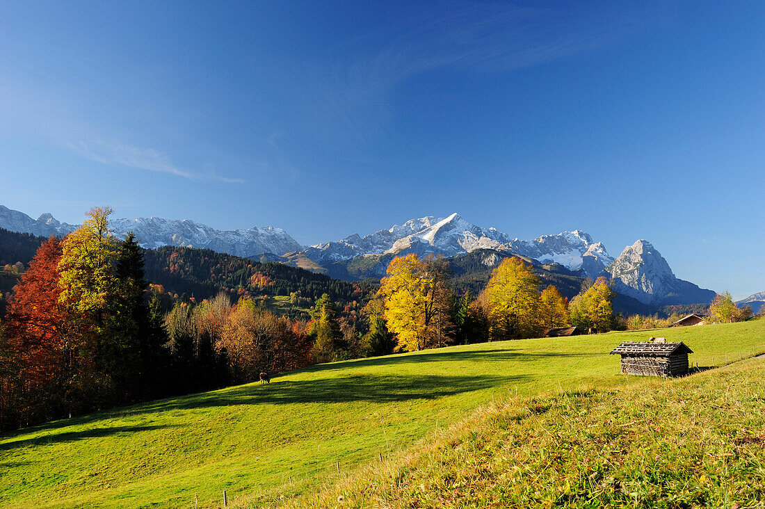 Wettersteinkamm mit Alpspitze, Zugspitze und Waxensteine, Wiese mit Stadel im Vordergrund, Garmisch-Partenkirchen, Wettersteingebirge, Oberbayern, Bayern, Deutschland, Europa