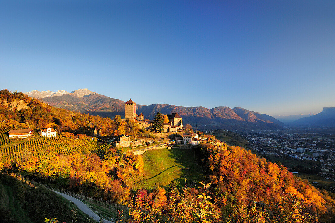 Schloss Tirol mit herbstlich verfärbten Weinbergen, Sarntaler Alpen und Meran im Hintergrund, Schloss Tirol, Meran, Südtirol, Italien, Europa