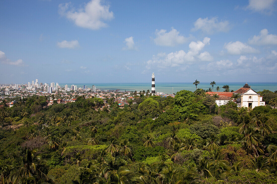Blick über üppige Vegetation und Hochhäuser in der Ferne, Olinda, nahe Recife, Penambuco, Brasilien, Südamerika