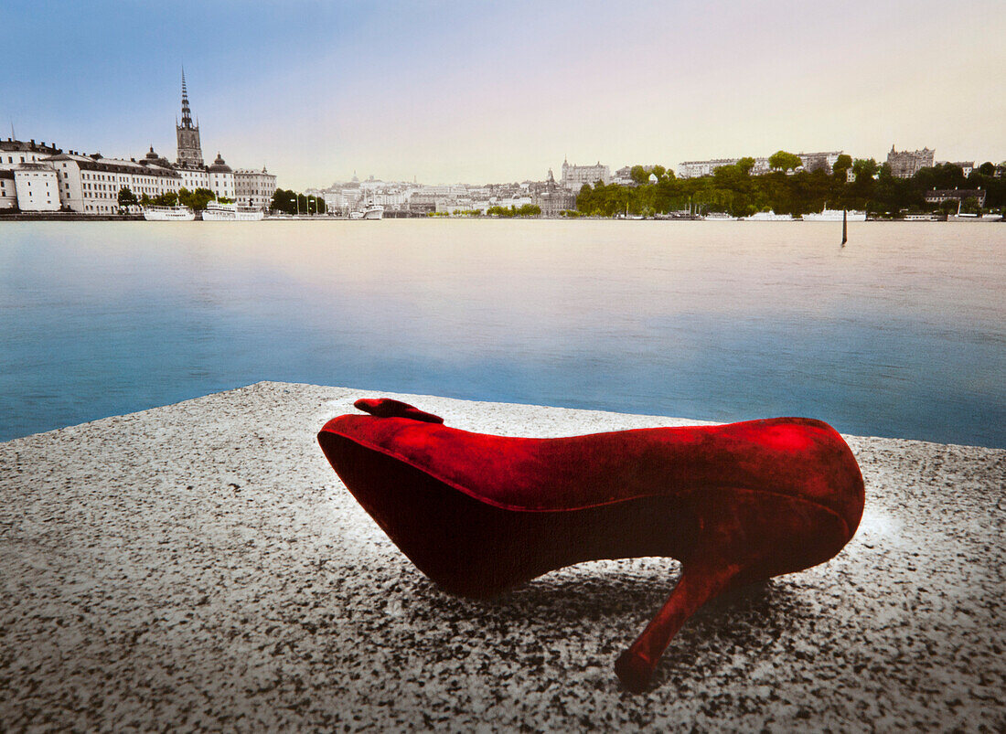Red lady´s shoe, view from Stadshus to the old town, Stockholm, Sweden, Europe