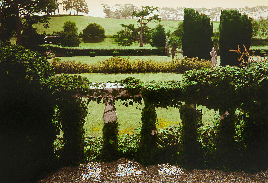 Schlosspark im Sonnenlicht, Schloss Bovey, Dartmoor, Devon, Südengland, Großbritannien, Europa