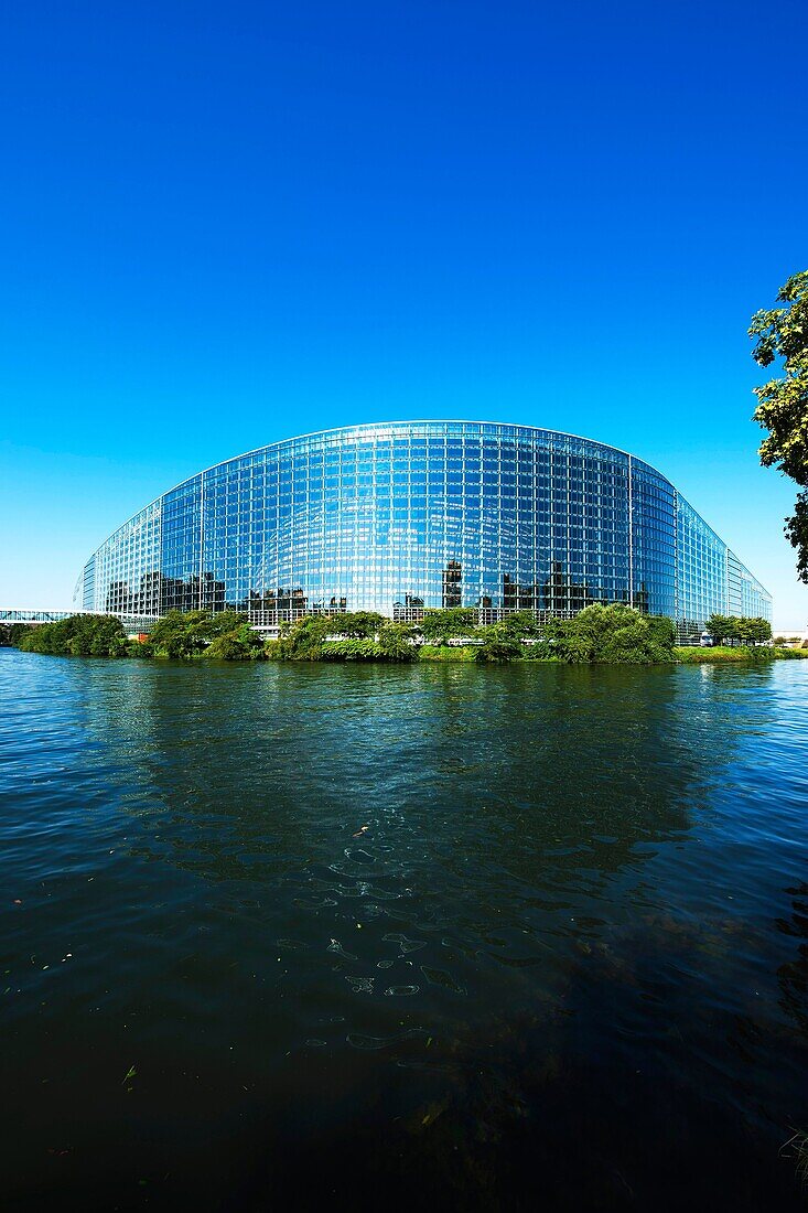 Louise Weiss building, European Parliament and Ill river, Strasbourg, Alsace, France